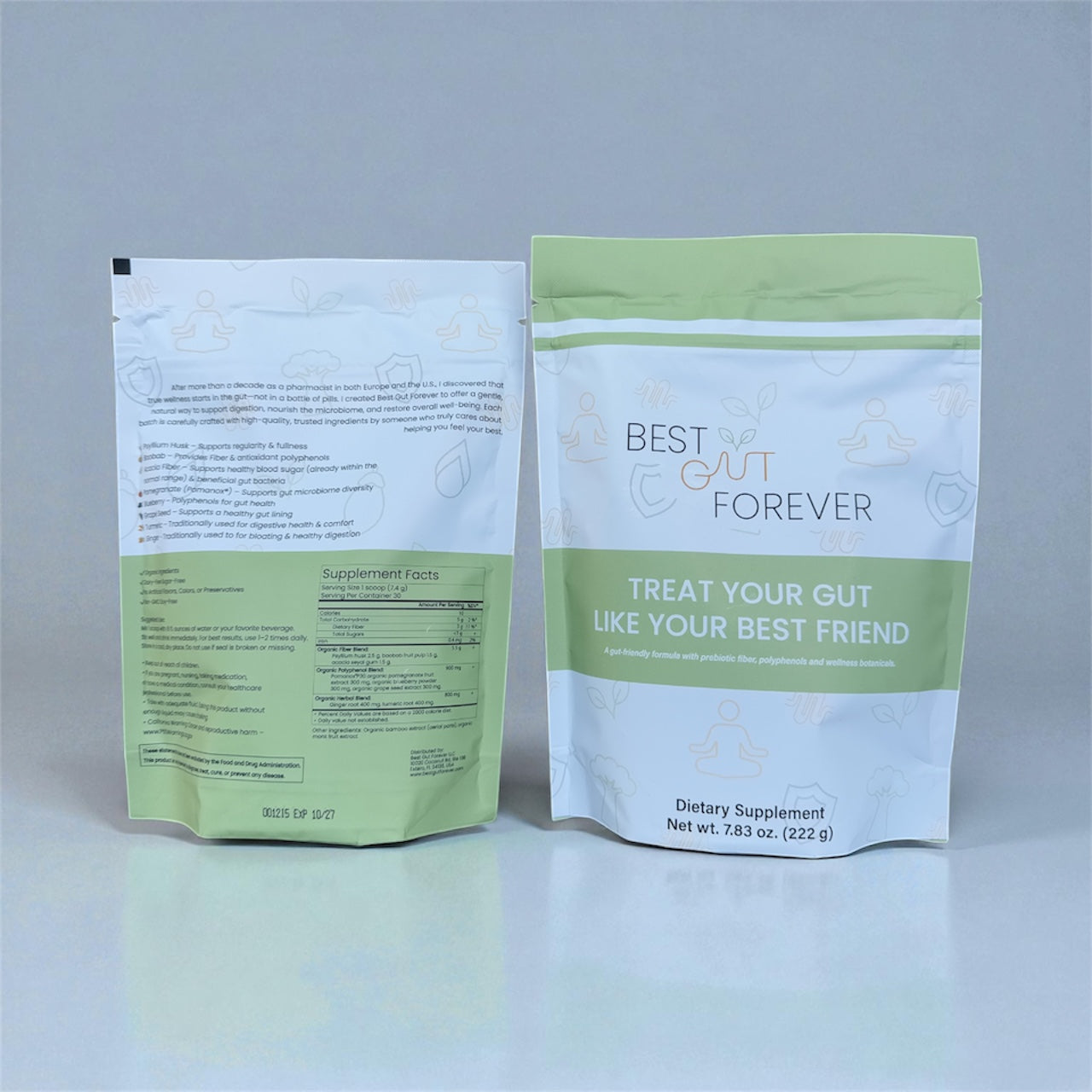 Front and back view of Best Gut Forever prebiotic fiber powder pouch showing product packaging and Supplement Facts label